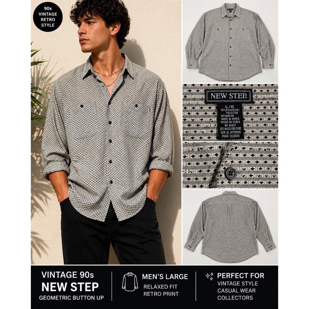 Vintage 90s New Step Geometric Button Up Shirt Mens Large Retro Print